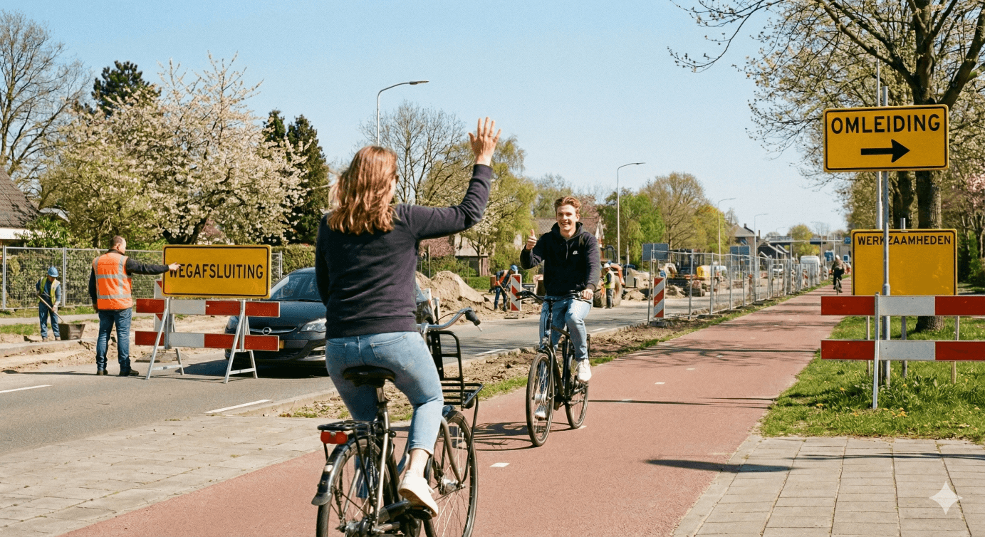 Twee fietsers rijden elkaar tegemoet naast wegwerkzaamheden Twee fietsers rijden elkaar tegemoet naast wegwerkzaamheden